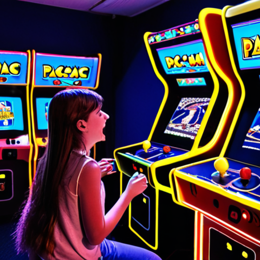**A lively, nostalgic arcade scene from the golden era, bathed in the vibrant, multi-colored glow of CRT screens. Teenagers and young adults are engrossed in classic arcade games like 'Pac-Man' or a racing simulator with a steering wheel, showcasing intense focus and physical interaction. The atmosphere is buzzing with sounds and excitement, with players cheering each other on, reflecting a strong sense of community and shared experience. Emphasize the unique visual and auditory allure of these machines, evoking a deep sense of immersion and timeless memories. Focus on the raw emotion and tangible connection between players and the games.**