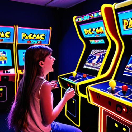 Home 22 **A lively, nostalgic arcade scene from the golden era, bathed in the vibrant, multi-colored glow of CRT screens. Teenagers and young adults are engrossed in classic arcade games like 'Pac-Man' or a racing simulator with a steering wheel, showcasing intense focus and physical interaction. The atmosphere is buzzing with sounds and excitement, with players cheering each other on, reflecting a strong sense of community and shared experience. Emphasize the unique visual and auditory allure of these machines, evoking a deep sense of immersion and timeless memories. Focus on the raw emotion and tangible connection between players and the games.**