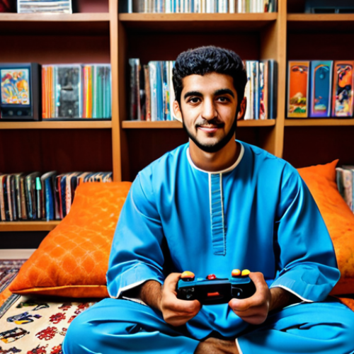 Home 20 Nostalgic Gamer**
A young, fully clothed Arab man in a traditional Thobe, sitting comfortably on a colorful, patterned floor cushion in a warmly lit, modest living room. He's holding a retro video game controller, eyes focused on a vintage television displaying an 8-bit game. Shelves behind him display classic game cartridges and memorabilia. Safe for work, appropriate content, family-friendly, perfect anatomy, correct proportions, natural pose, well-formed hands, proper finger count, professional.
**