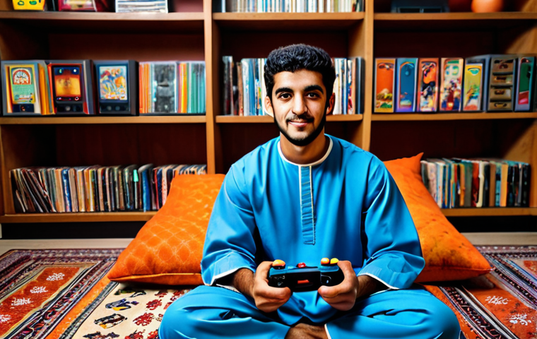 Nostalgic Gamer**

A young, fully clothed Arab man in a traditional Thobe, sitting comfortably on a colorful, patterned floor cushion in a warmly lit, modest living room. He's holding a retro video game controller, eyes focused on a vintage television displaying an 8-bit game. Shelves behind him display classic game cartridges and memorabilia. Safe for work, appropriate content, family-friendly, perfect anatomy, correct proportions, natural pose, well-formed hands, proper finger count, professional.

**