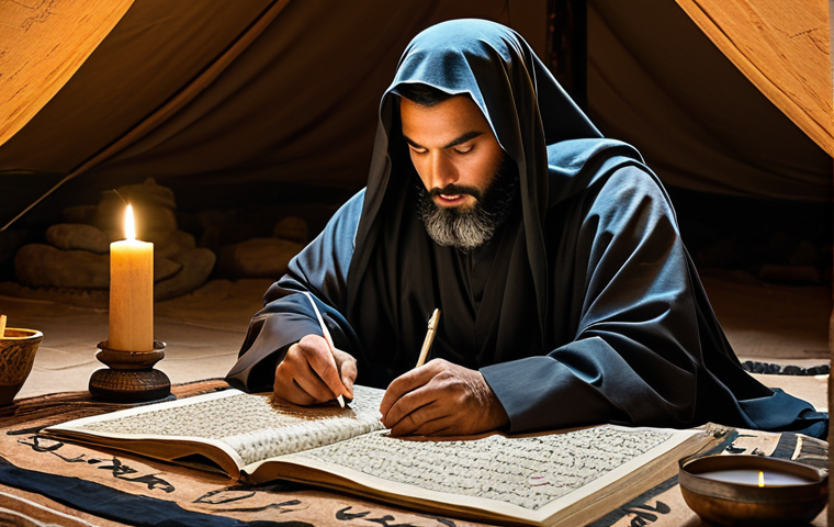 **The Hidden Strategist:** "A wise and respected general, cloaked in desert robes, studying ancient maps by candlelight in a hidden oasis tent. Detailed Arabic calligraphy on scrolls. Safe for work, appropriate content, fully clothed, modest attire, professional, perfect anatomy, natural pose, high quality."