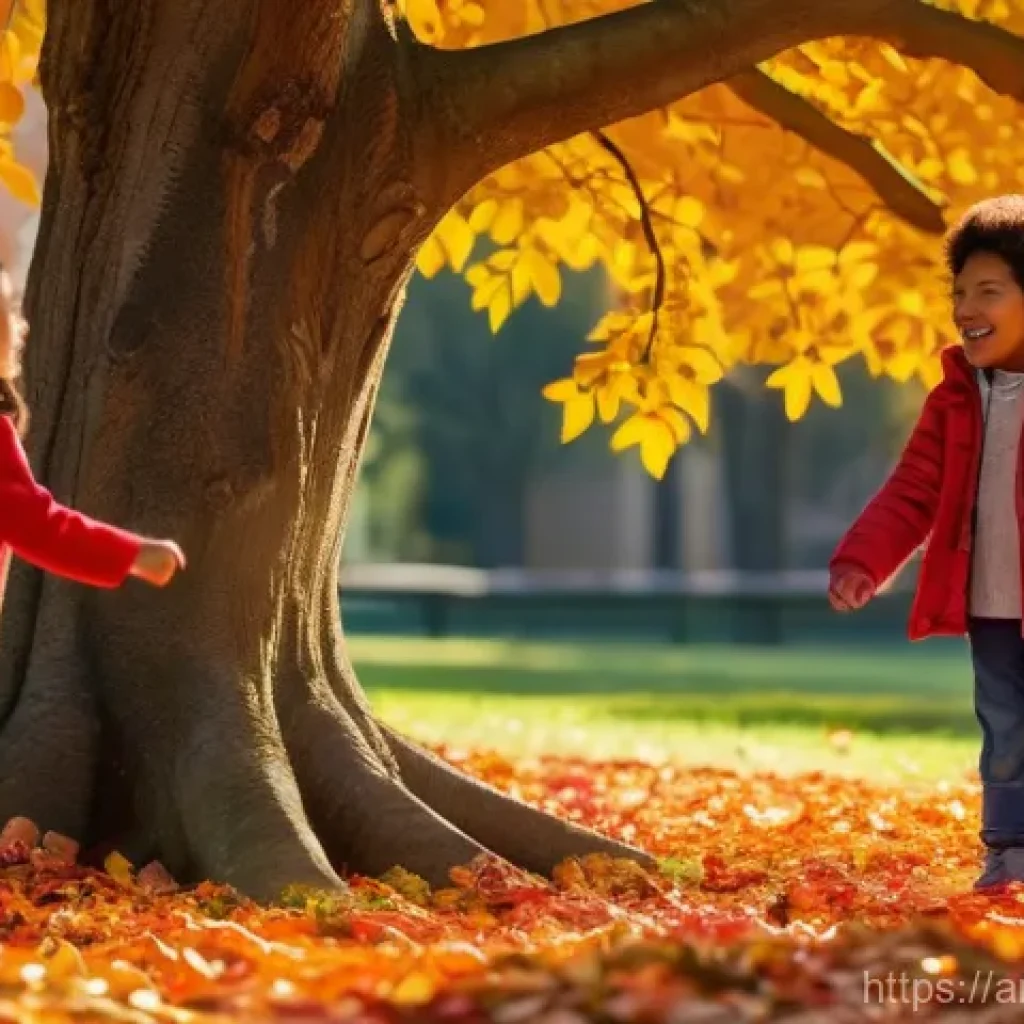 고전 게임 속 여성 캐릭터 분석 - A serene autumn park at golden hour, with fallen leaves in warm hues of red, orange, and gold scatte...