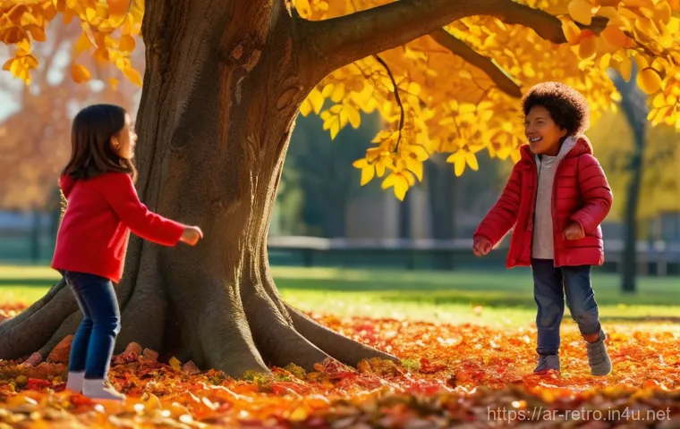 고전 게임 속 여성 캐릭터 분석 - A serene autumn park at golden hour, with fallen leaves in warm hues of red, orange, and gold scatte...