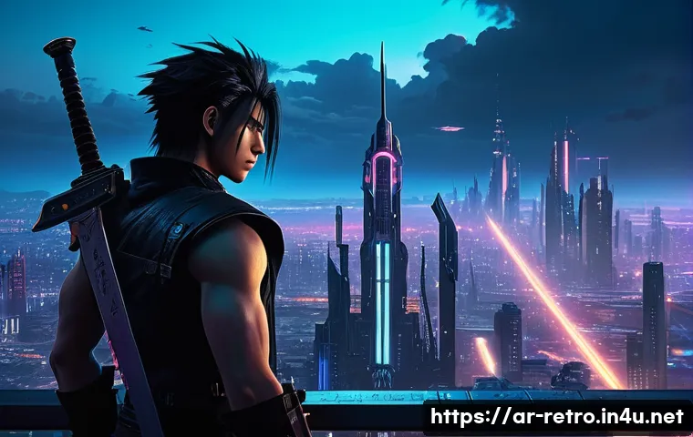 플레이스테이션 1 발매 초기 독점작 - A detailed, atmospheric scene inspired by PlayStation 1’s “Final Fantasy VII”: a young male protagon...