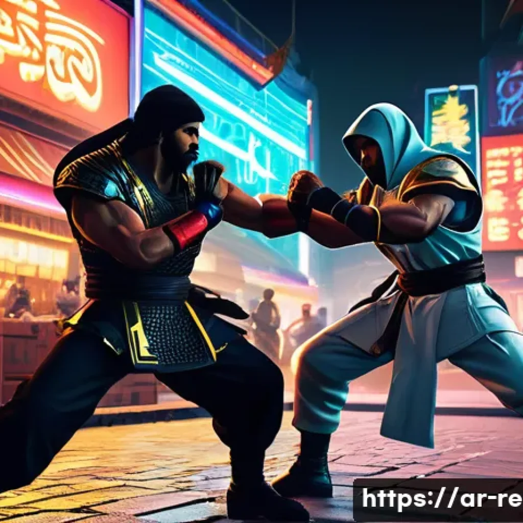 네오지오의 대표 대전 게임들 - A vibrant Neo Geo-style fighting game scene featuring two diverse characters in dynamic combat poses...