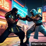 네오지오의 대표 대전 게임들 - A vibrant Neo Geo-style fighting game scene featuring two diverse characters in dynamic combat poses...