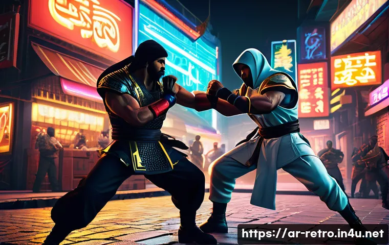네오지오의 대표 대전 게임들 - A vibrant Neo Geo-style fighting game scene featuring two diverse characters in dynamic combat poses...