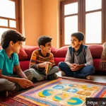 추억의 게임 잡지 내용 복원 - A vibrant, nostalgic scene of a group of Arab children gathered around a colorful, vintage Arabic ga...