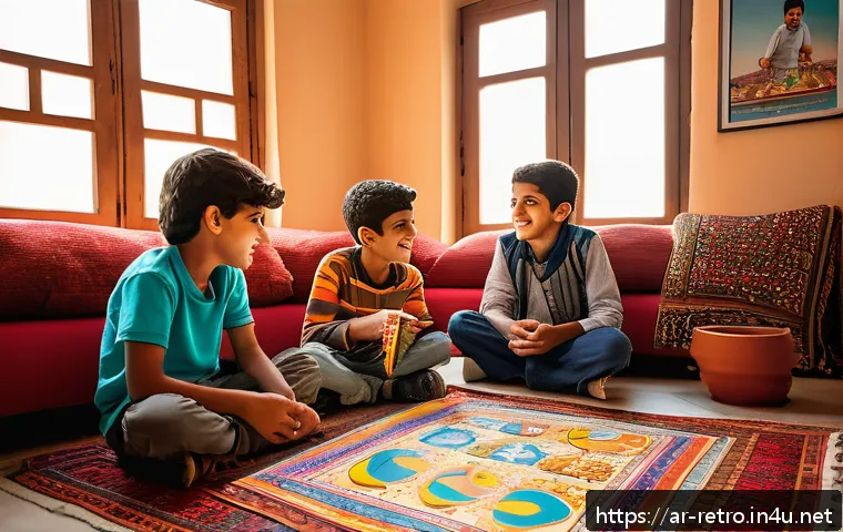 추억의 게임 잡지 내용 복원 - A vibrant, nostalgic scene of a group of Arab children gathered around a colorful, vintage Arabic ga...
