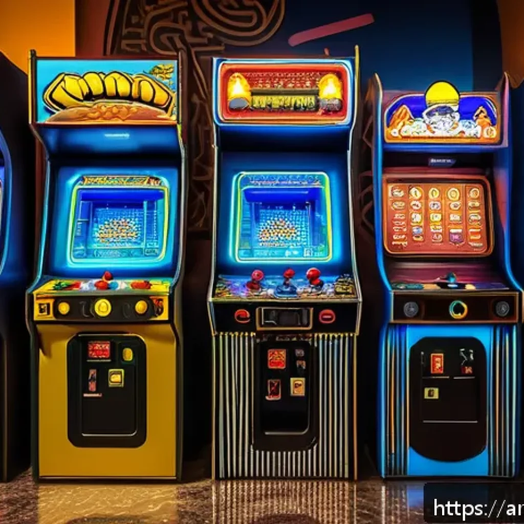 오락실에서 사용된 화폐와 코인 기기 - A vibrant, nostalgic arcade scene set in a traditional Middle Eastern game hall filled with vintage ...