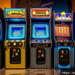 오락실에서 사용된 화폐와 코인 기기 - A vibrant, nostalgic arcade scene set in a traditional Middle Eastern game hall filled with vintage ...