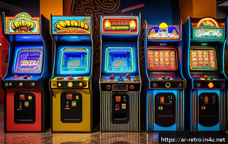 오락실에서 사용된 화폐와 코인 기기 - A vibrant, nostalgic arcade scene set in a traditional Middle Eastern game hall filled with vintage ...