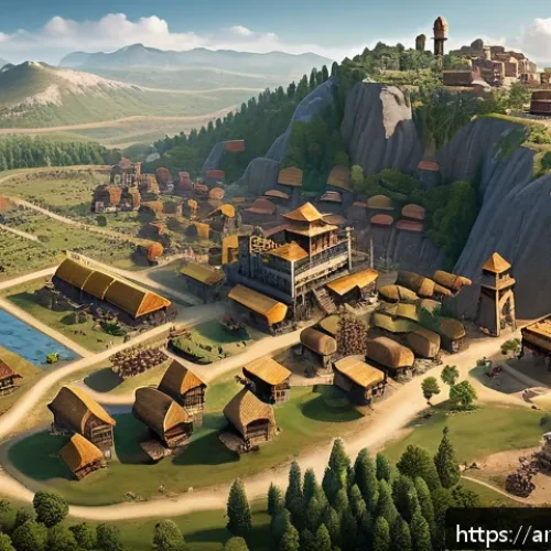 워크래프트 2 전략 공략 - A detailed isometric view of a medieval fantasy base in a real-time strategy game, showing balanced ...