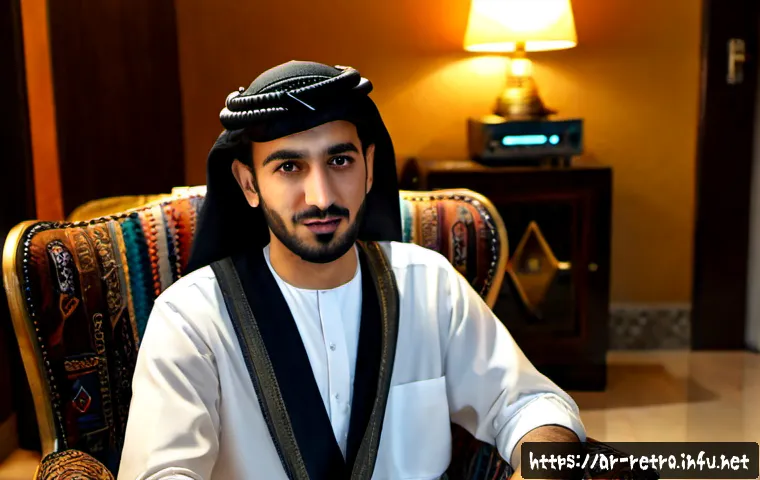 고전 게임 수집가 인터뷰 - Photorealistic documentary-style interview with a passionate Arab retro video game collector in a wa...