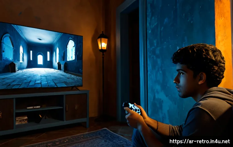 Home 17 고전 호러 어드벤처 게임의 인기 요인 - Photorealistic cinematic scene of an Arab young adult gamer in a cozy modern living room, holding a ...